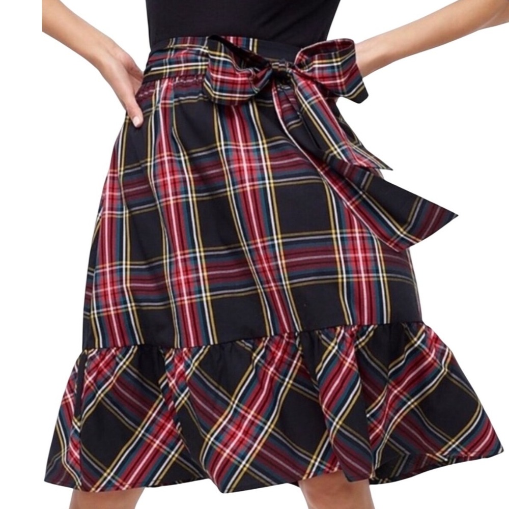 NWT J.Crew Womens Big Bow Ruffle Hem Midi Skirt Black Red Plaid Size 4 Holiday